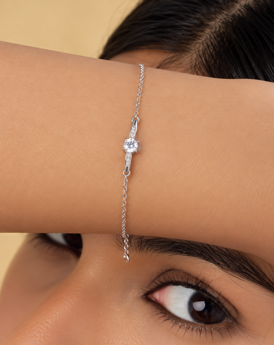 925 Sterling Silver Sparkling Solitaire &amp; Pave Accent Chain Bracelet for Women | Elegant Dainty Hand Jewelry
