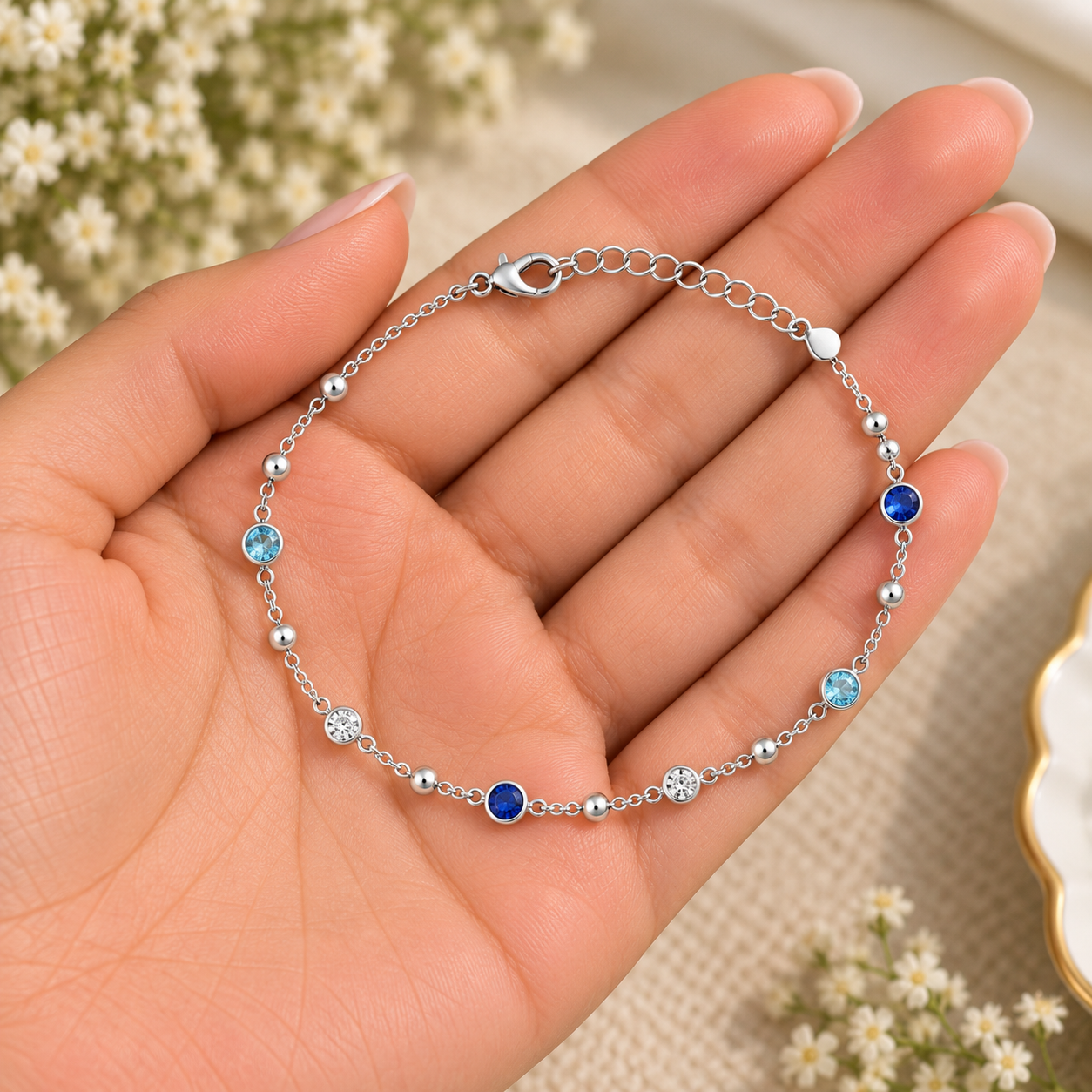 Blue Sapphire &amp;amp; Zircon Bezel-Set Silver Anklet