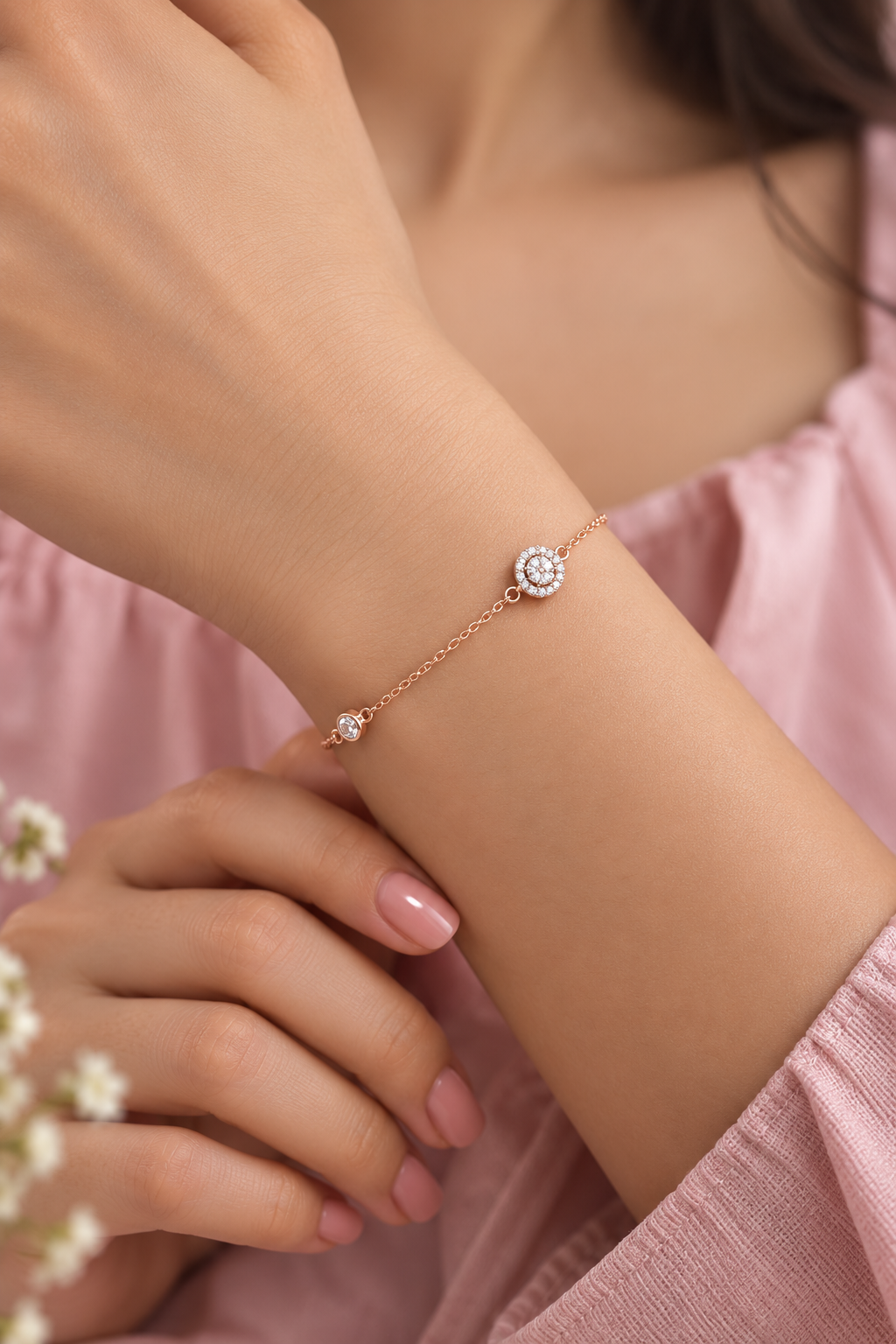 Timeless Radiance - Sparkly CZ Halo Station Rose Gold Bracelet