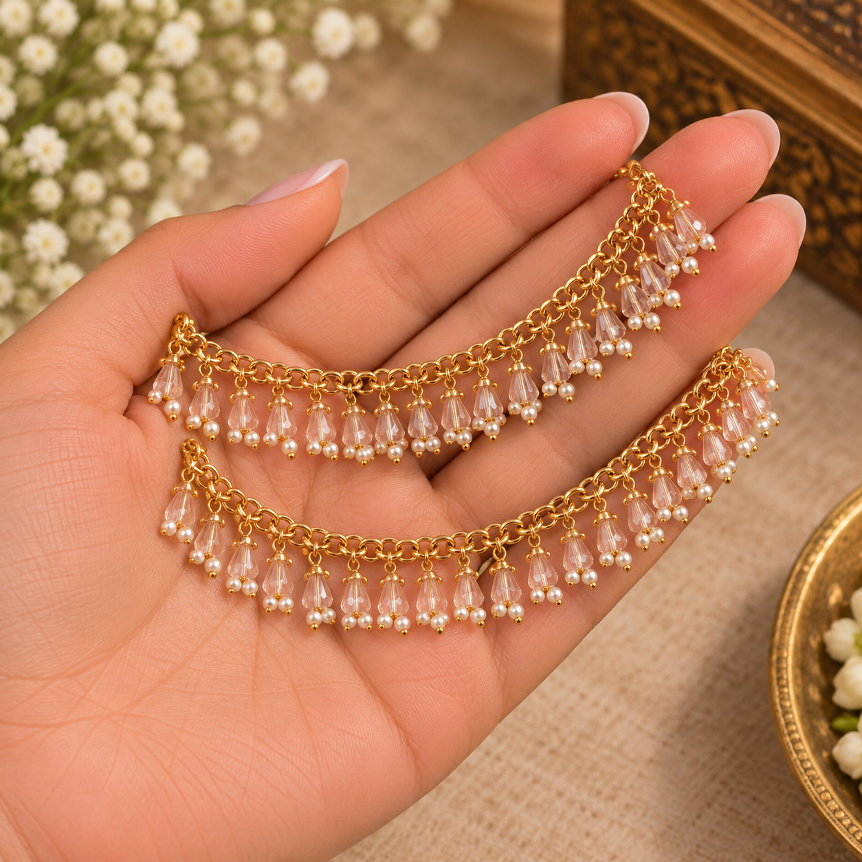 Gold- Teardrop Crystal &amp; Pearl Fringe Anklet Pair / Dual Strand Antique Gold Crystal Drop Payal Pair