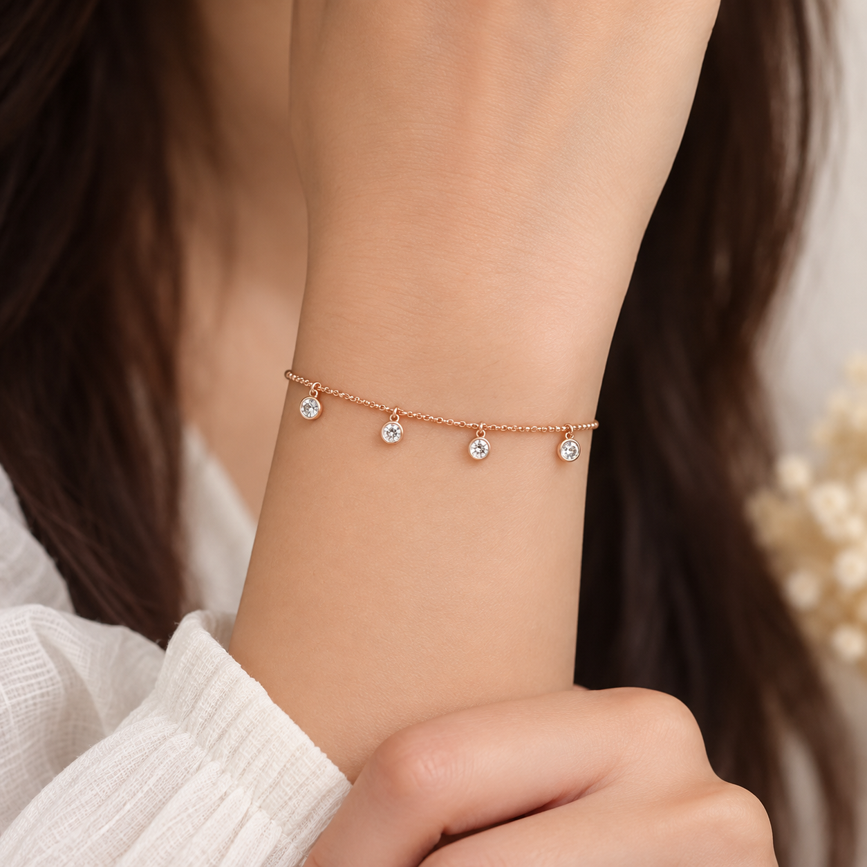 Dazzling Multi-Charm Solitaire 925 Silver Rose Gold-Plated Bracelet
