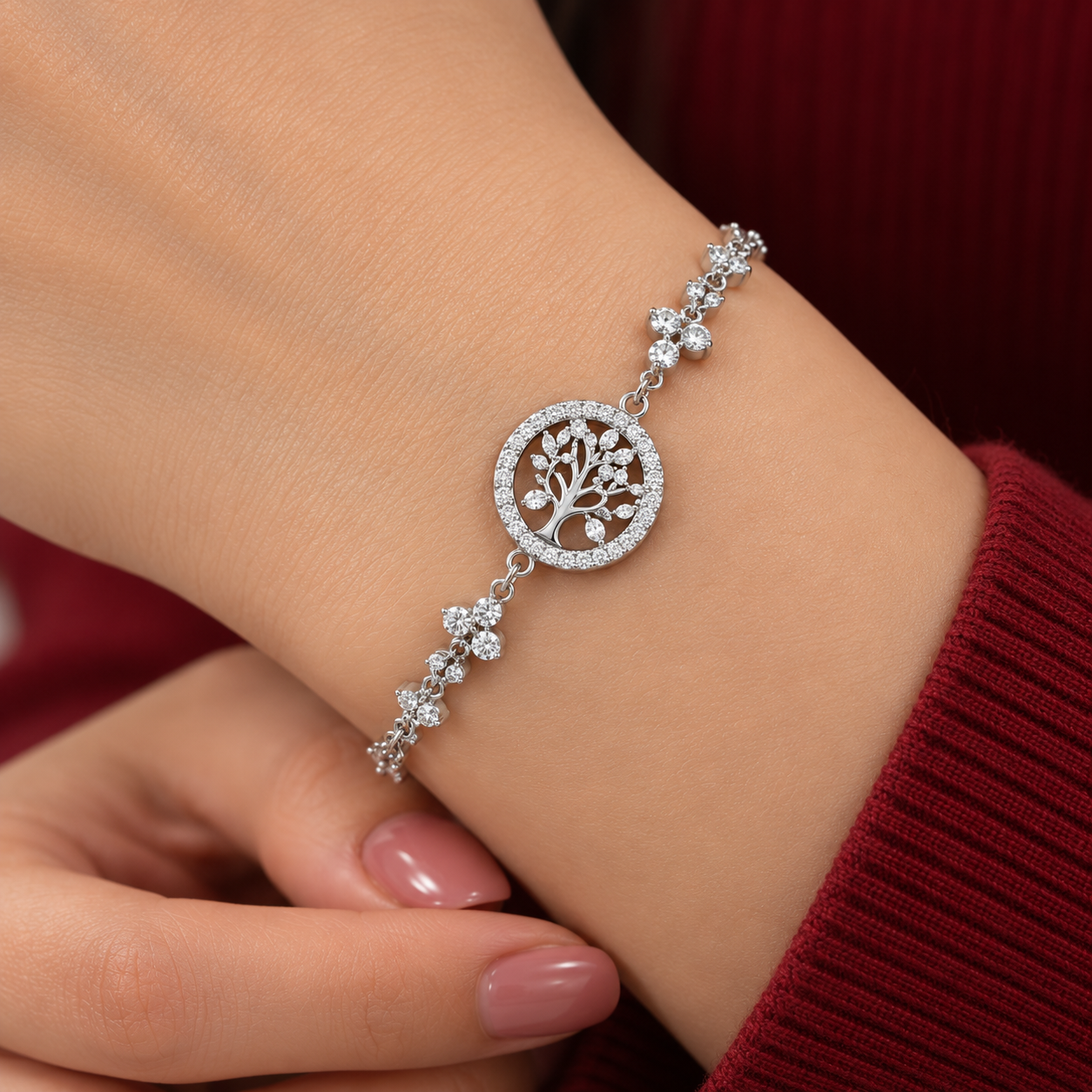 Tree of Life Sparkling CZ Cluster 925 Sterling Silver Bracelet