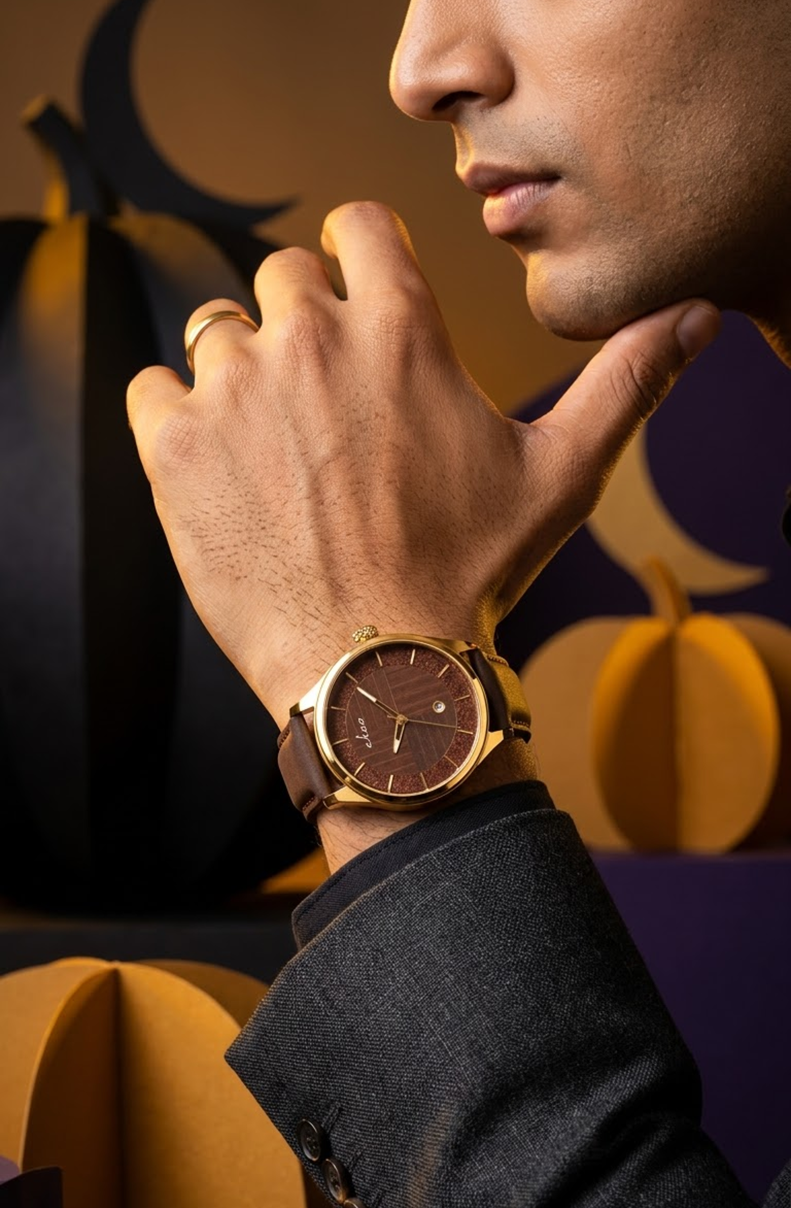 Ekoo Artisan Marquetry Walnut &amp;amp; Gold Dress Watch