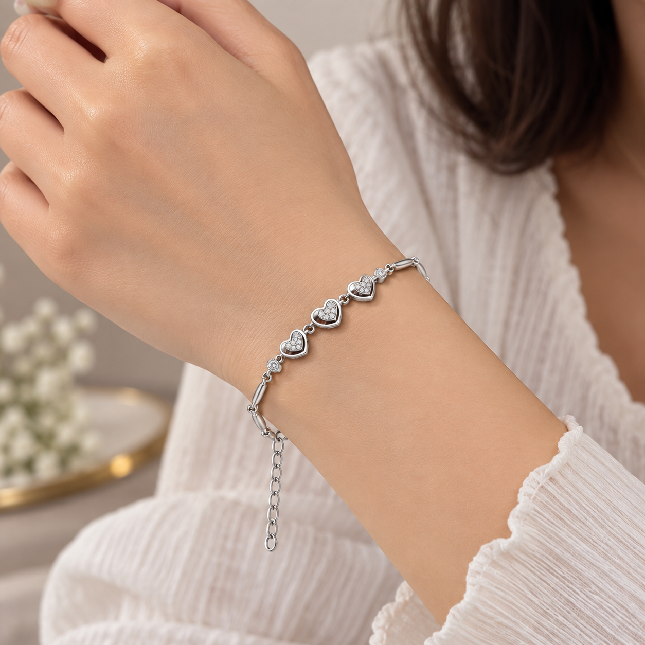 Cascading Hearts Pave CZ 925 Sterling Silver Bracelet