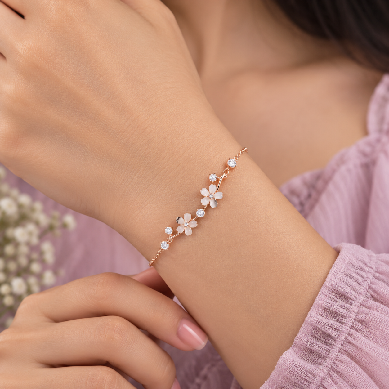 Blooming Elegance Mother-of-Pearl Flower 18K Rose Gold Bracelet