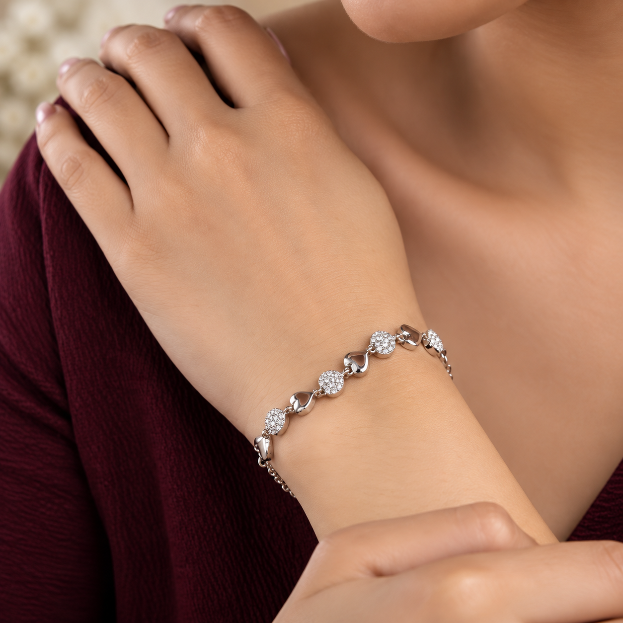 Romantic Hearts &amp; Pave Sparkle 925 Sterling Silver Bracelet