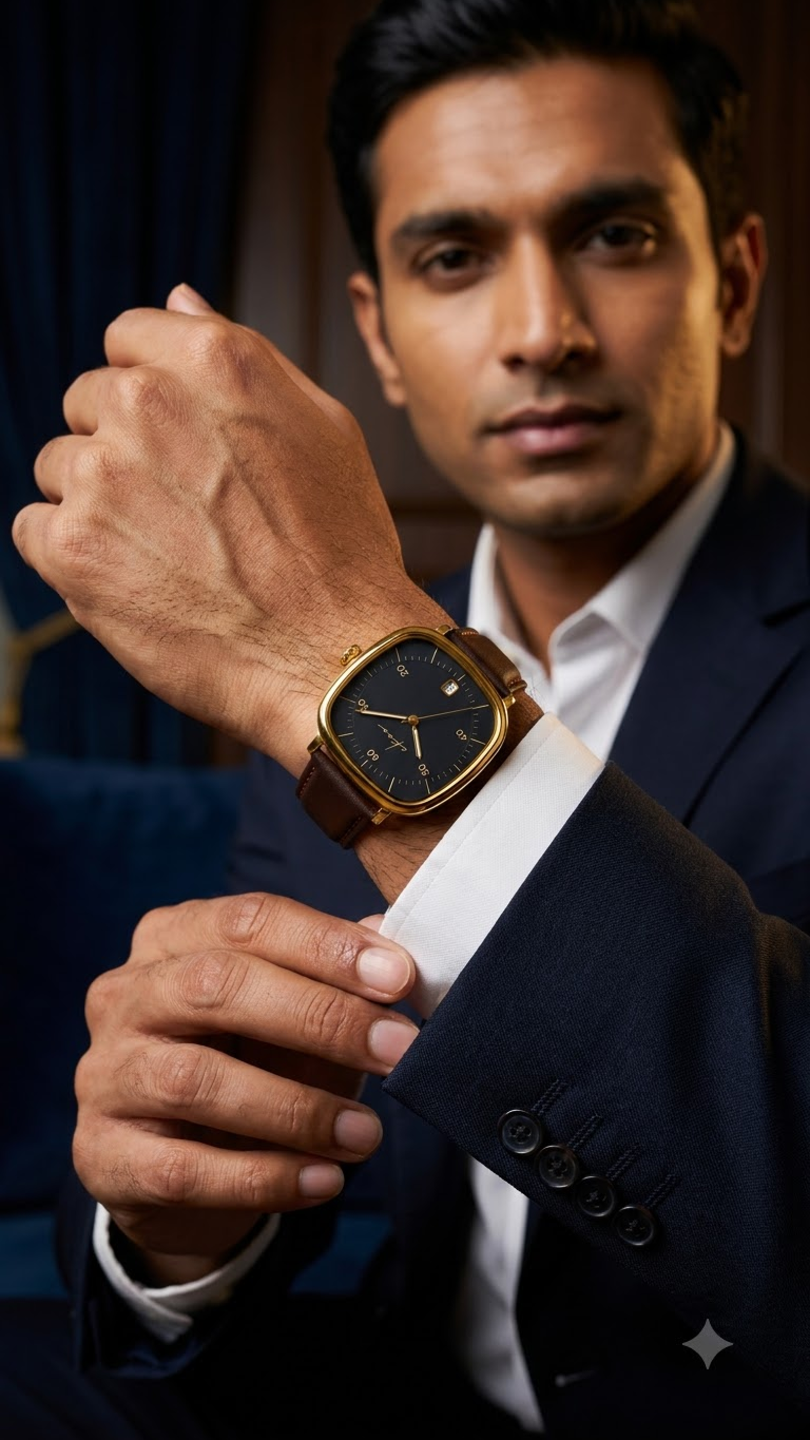 Ekoo Cushion-Case Midnight Navy &amp; Gold Date Watch