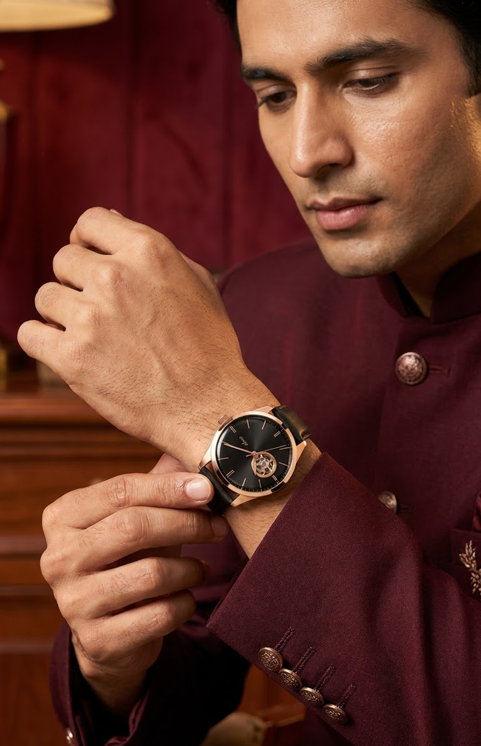 Ekoo Gold Open-Heart Automatic Leather Watch